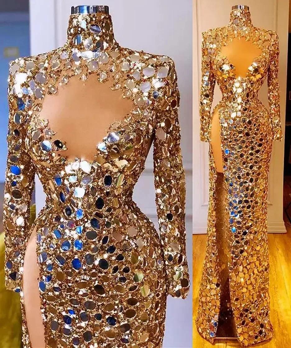 Plus Size Arabic Aso Ebi Gold Sequined Sexy Prom Dresses Long Sleeves High Split Evening Formal Party Second Reception Gowns Dress