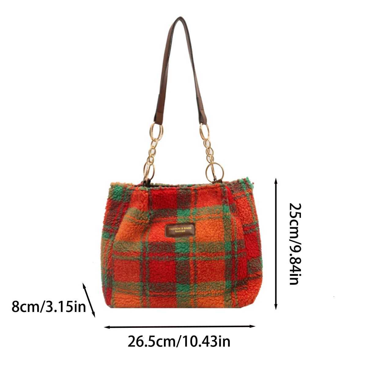 Red plaid plush bag autumn and winter new lamb velvet hand underarm bag Fashion plaid shoulder bag large capacity Tote bagW251028
