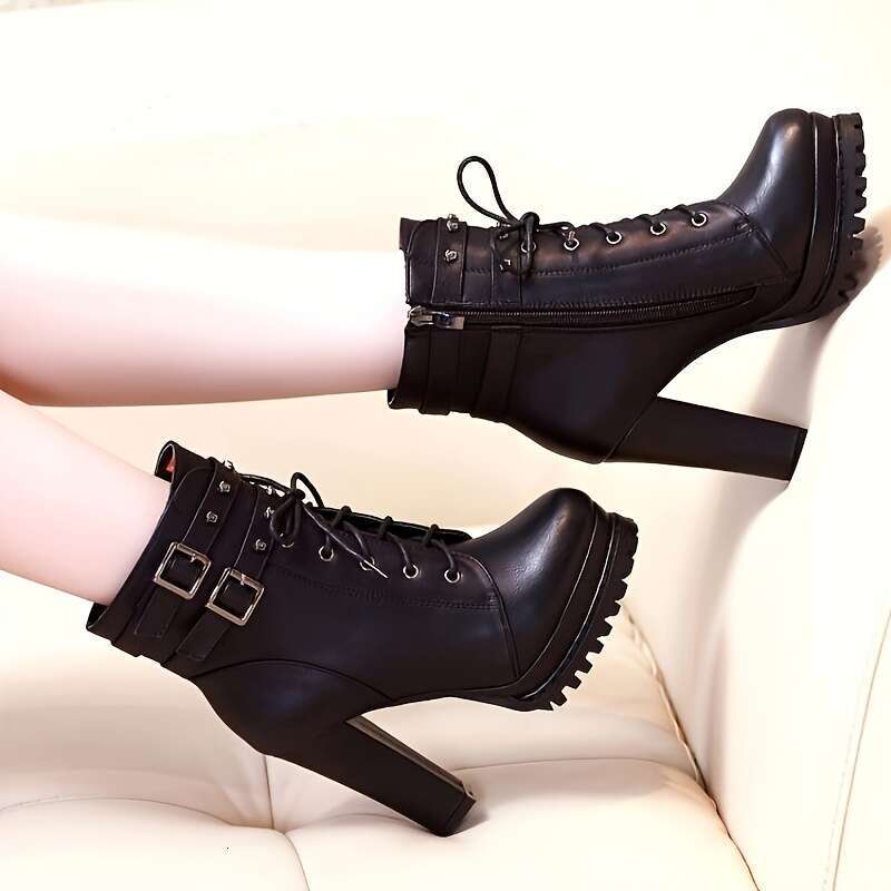 Women's Solid Color Stylish Side Zipper Platform Soft Sole Studded Buckle Boots, Lace Up Versatile Chunky Heel Boots
