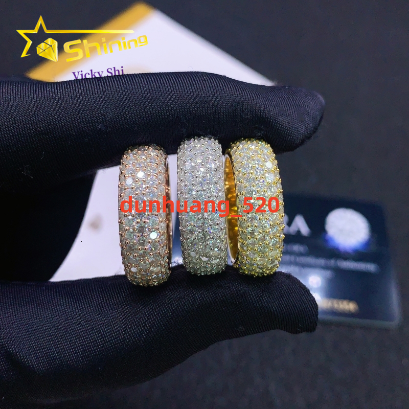 Shining Full of Diamond 5 Rows Moissanite Diamond Ring Men 925 Sterling Silver Gold Plated Hip Hop Ring Finger Rings