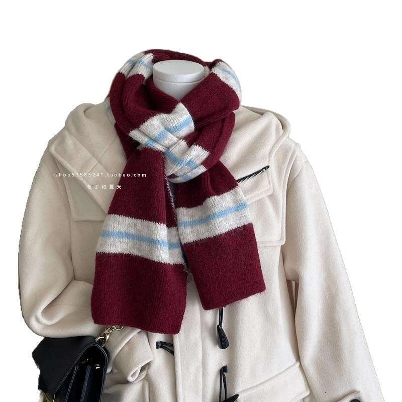 Korean Boutique Same Color-Block College Style Striped Scarf Women Soft Warm Woolen Neck Warmer with Wool for Winter