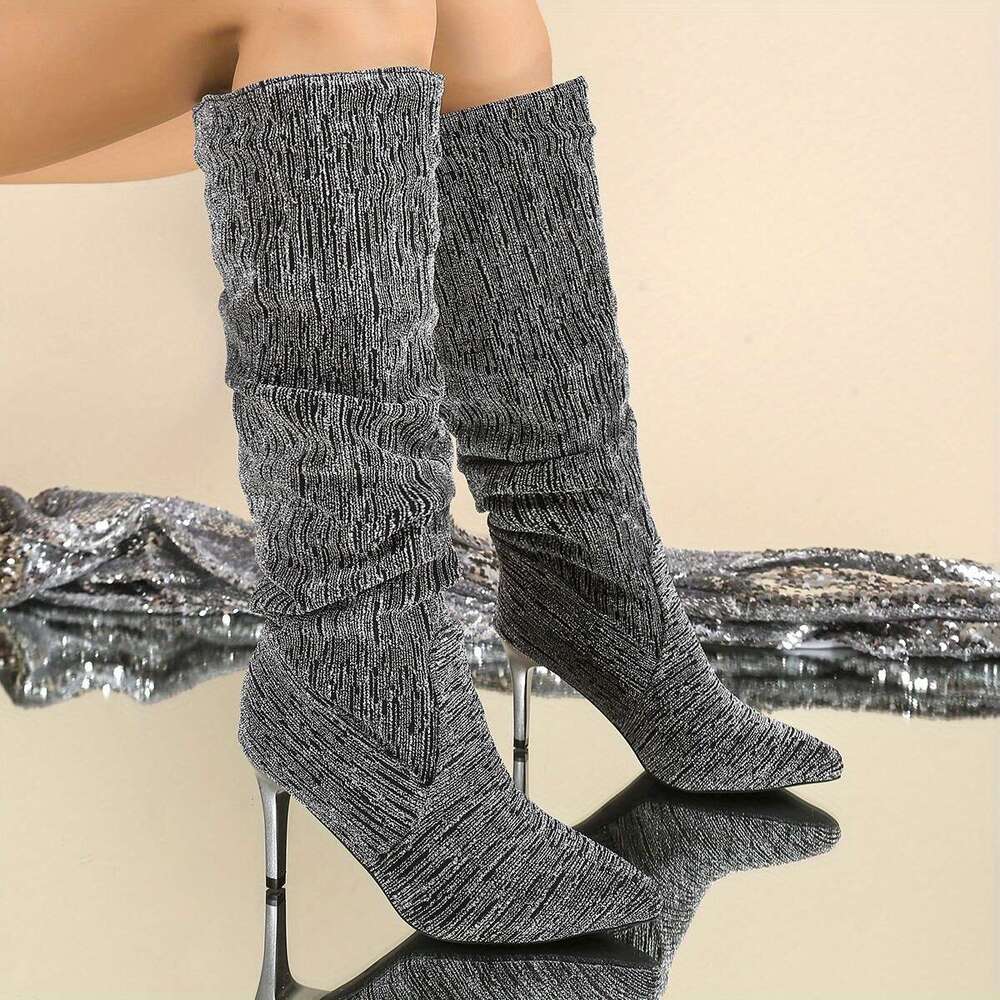 Women's Slip-On Pointed Toe Knee-High Boots - Faux Cover Upper, Soft Fabric Lining Rubber Sole, Black Solid Color For Casual & Ocns, High Heel Bo