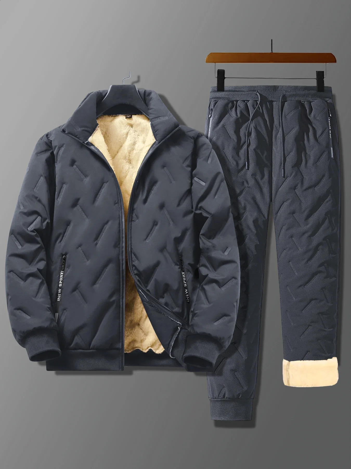 Mens Lamb Fleece Cotton Jacket and Pants 2piece Set Autumn Winter Thick Warm Sports Suit Casual Solid Color Coat 251027