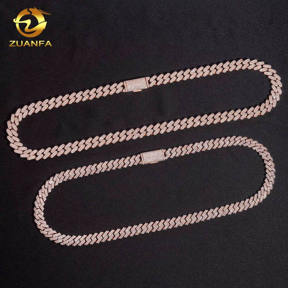 Zuanfa Jewelry 10mm Moissanite Chain Cuban Links Prong Chain 925 Silver Oval Shape Cuban Link Chain Necklace Rose Gold Plated