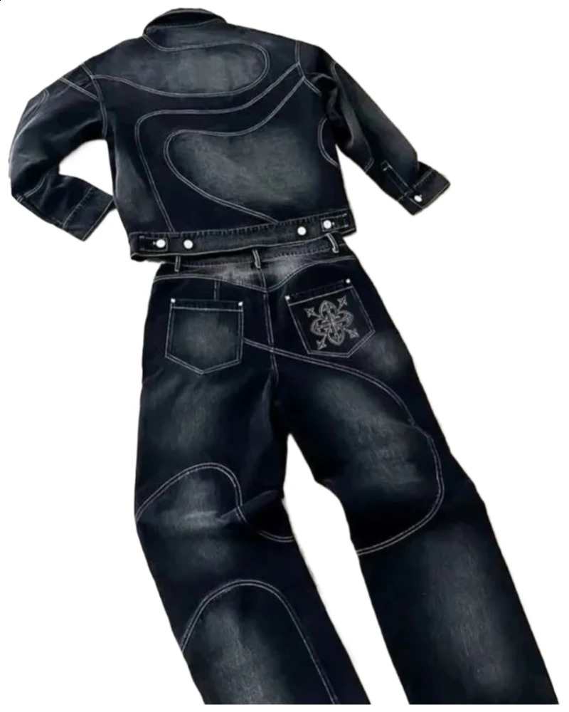 American Vintage HipHop Striped Embroidered Denim Jacket Mens Y2K Harajuku Gothic Couple Skull Loose Casual Jeans Street Wear 251027