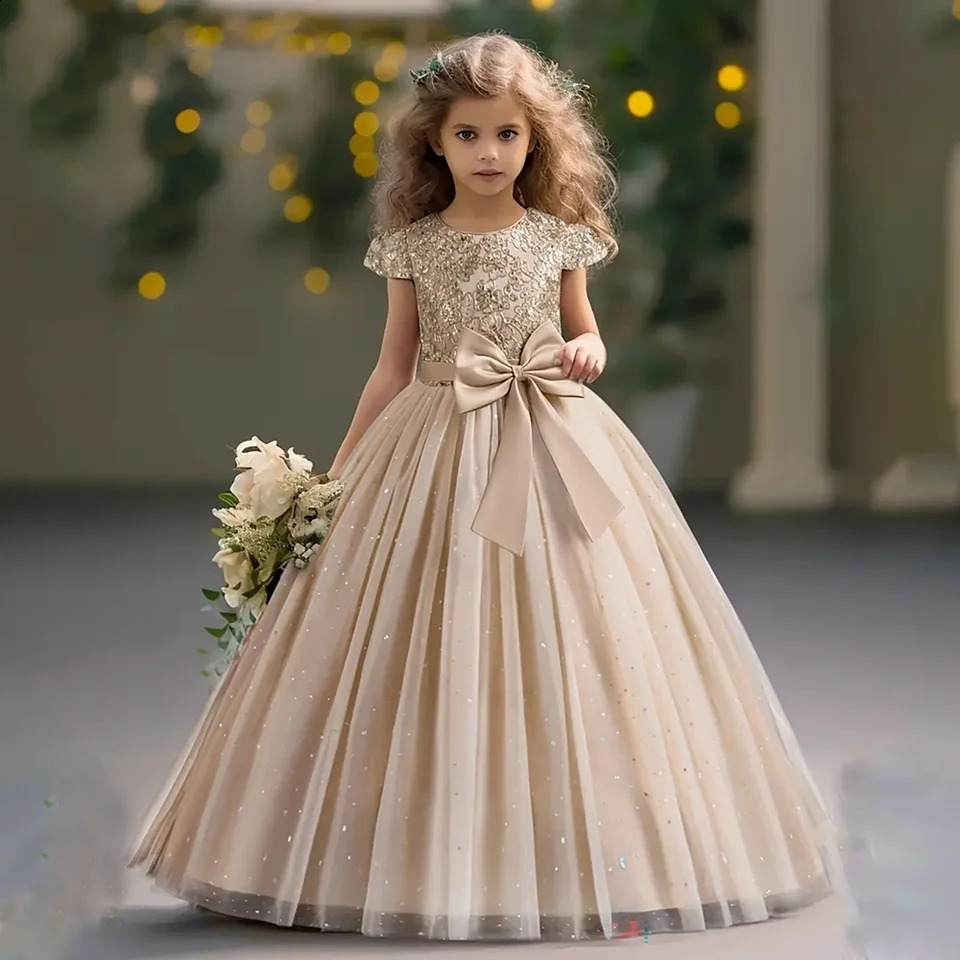 Girls Flower Embroidery Party Dress Kids Big Bow Long Wedding Bridesmaid Prom Gown Girl Fashion Lace Birthday Clothes Costumes 251023
