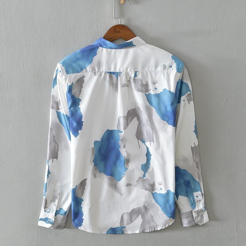 Spring and Autumn style lapel fashionable long sleeved mens printed button patch work shirt Korean style pure cotton top240802