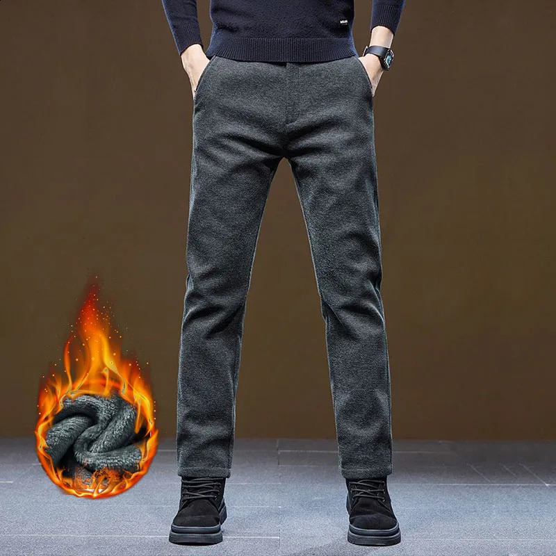 Winter Fleece Thick Casual Pants Mens Business Slim Fit Versatile Classic Trousers Medium Elasticity Formal Wear Wash 251027