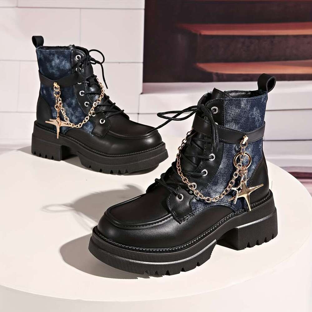 Women's Chunky Ankle Boots With Metallic Chain & Star Accent - Thick Platform Heel, Round Toe, Zipper Closure, Synthetic Cover Upper