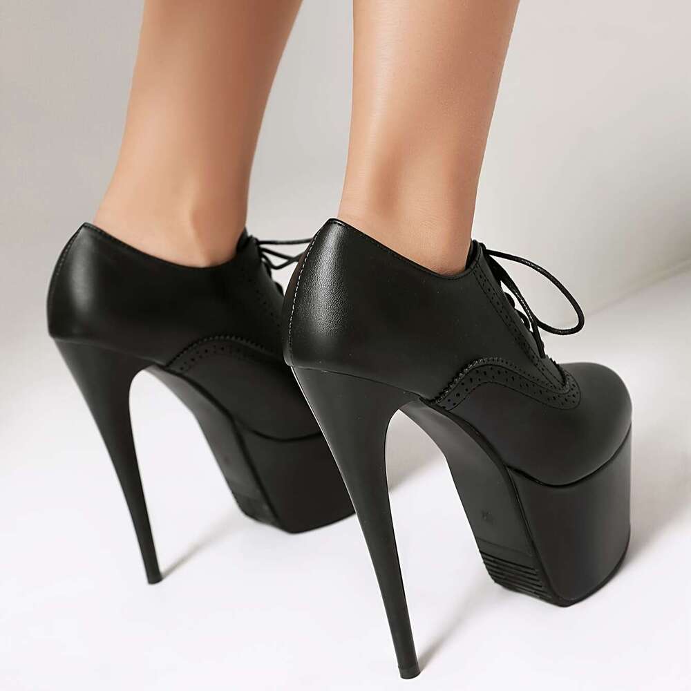 Women's Sexy Black Faux Cover Stiletto Heels - High Platform Lace-Up Pumps With Rubber Sole, Round Toe Design For All Seasons