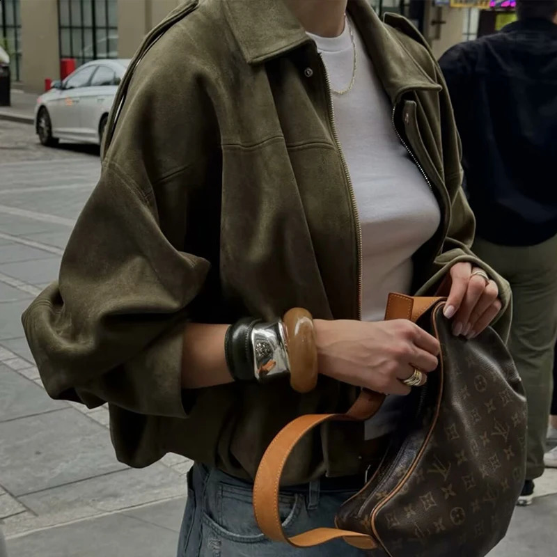 TFMLN Autumn Winter Women Suede Jacket Coat 2025 Fashion Long Sleeve Zipper Loose Bomber Coat Chic Lady Casual Streetwear 251027