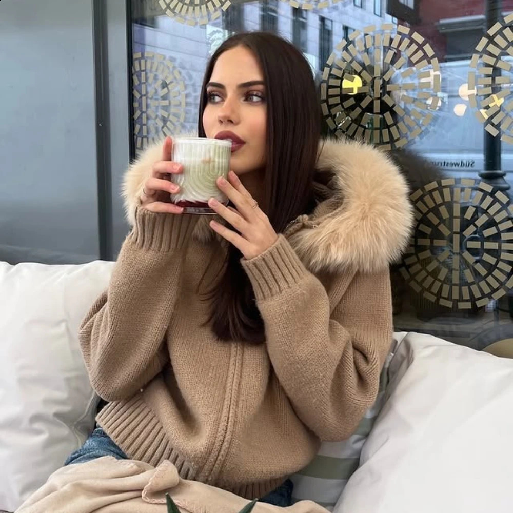 OFTBUY Real Fox Fur Kintwear Women 2025 Spring Autumn Hooded Sweater Female Loose Zipper Kintted Jacket Oversized Cardigan 251027