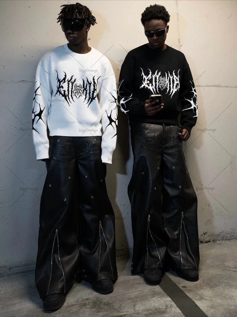 Gothic Punk Harajuku Graphic Knitted Oversized Sweater Men High Street Fashion Hiphop Casual Loose Pullover Streetwear 251023