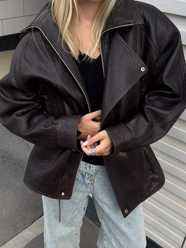 Drawstring Waist Brown Textured PU Leather Jacket Women High Neck Asymmetric Zip Button Detail Oversized Full Streetwear 251020