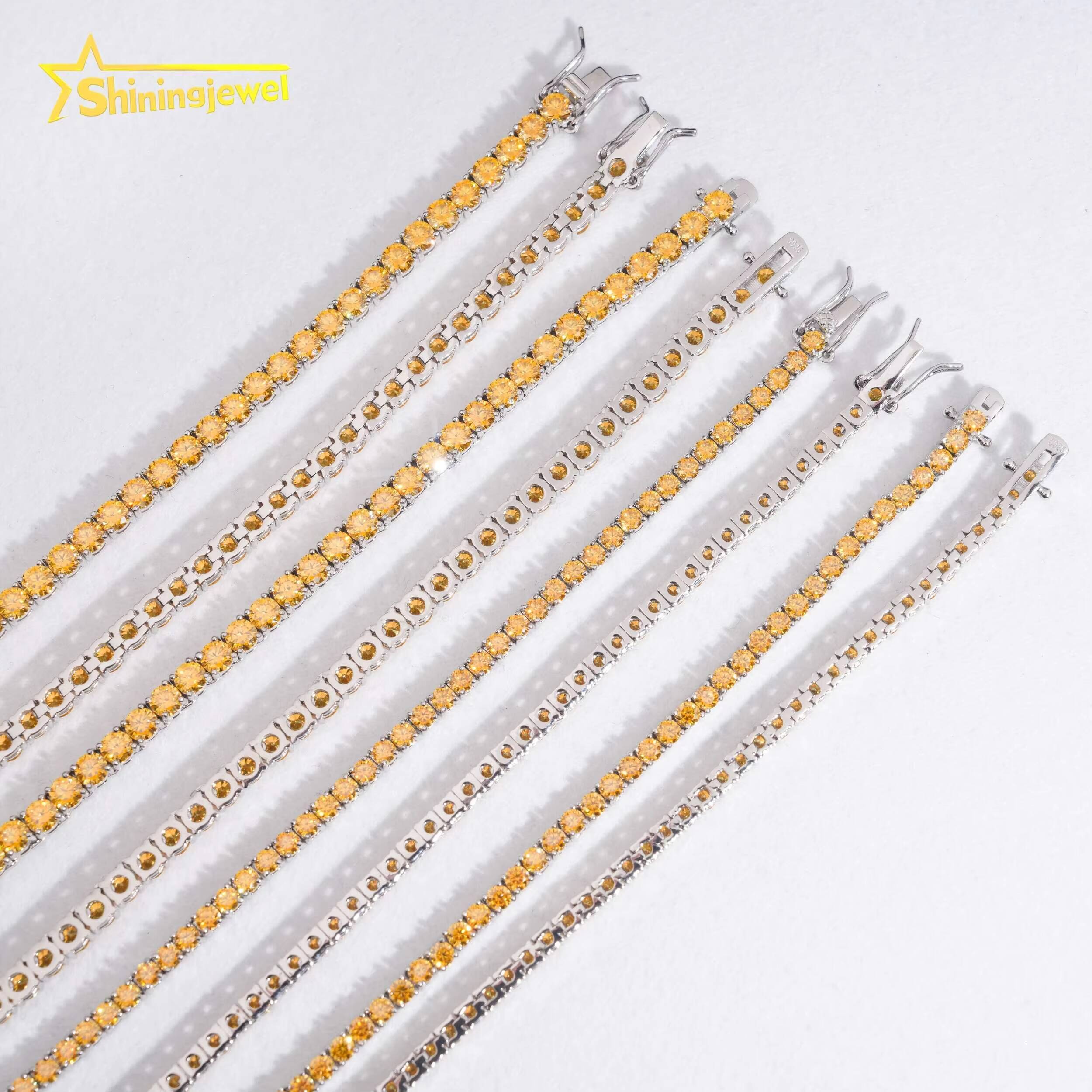 New Arrival 3mm 4mm Yellow Gold Moissanite Diamond Tennis Necklace 925 Silver Fashion Jewelry Hip Hop Tennis Chains Bracelet
