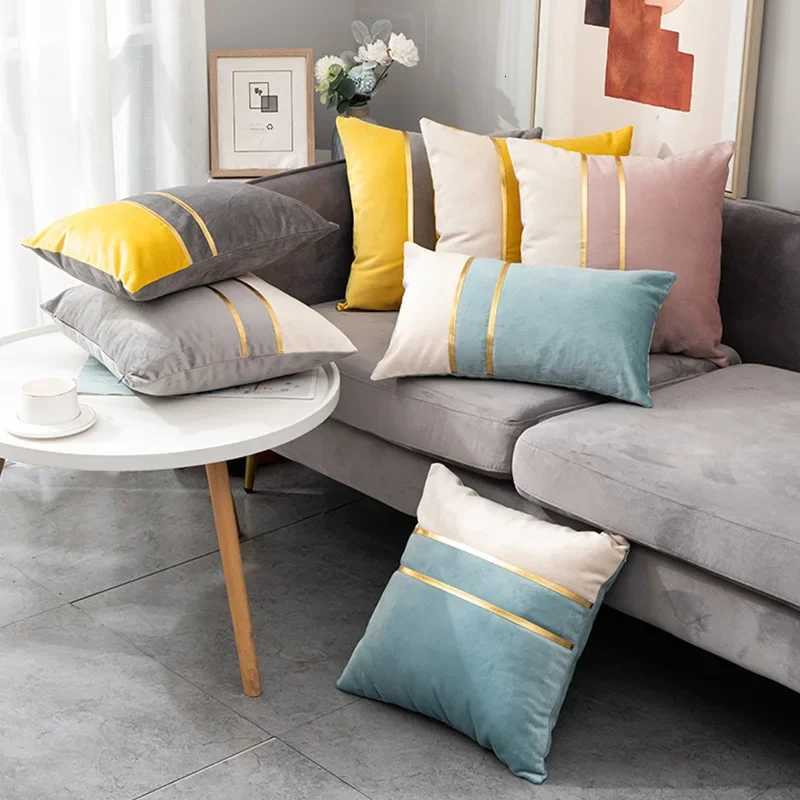 Pillow Case Nordic Cushion Cover Color Stitching Dutch Velvet Throw Case Sofa Cushion Waist Cover Home Decorative case 30x50cm C251028