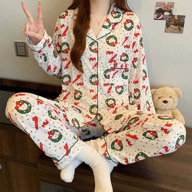 Sanrio Hello Kitty Sleepwear Set Women Cute 2025 New Autumn Winter Pajamas Long Sleeve Comfy Home Suit with Xmas Print L251028