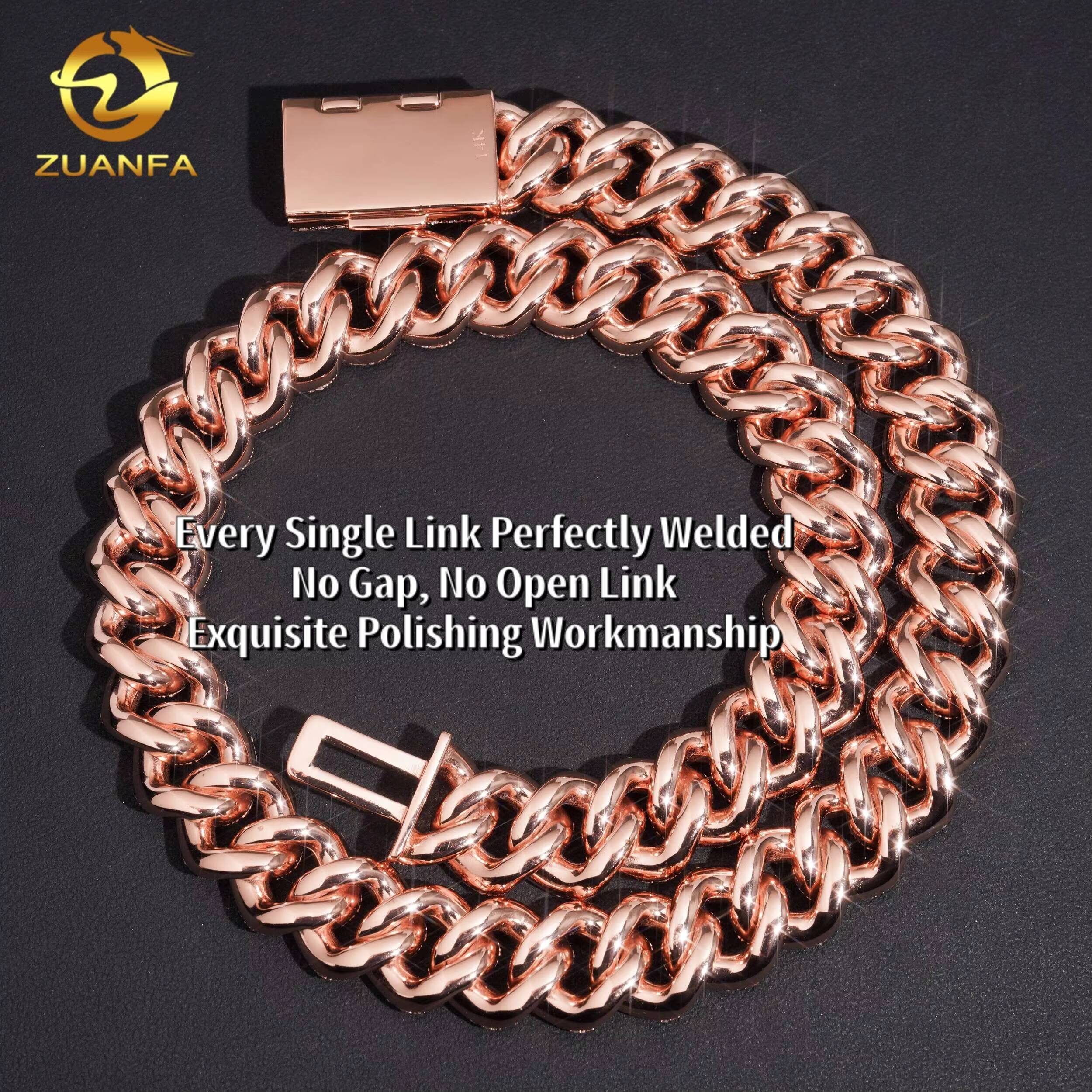 Zuanfa Rose Gold Plated Heavy 18mm Moissanite Cuban Chain Iced Out Necklace 925 Solid Silver Cuban Link Chain
