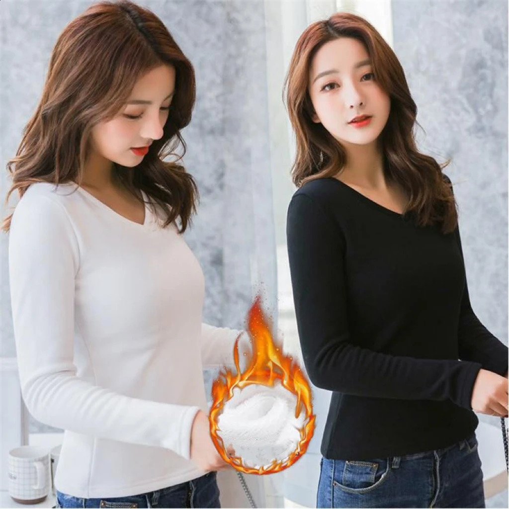 1pcs Women Autumn Winter Longsleeved Tshirt Lady Thermal Underwear Thick Velvet Slim Fit Fashion Style Vneck Top 251027