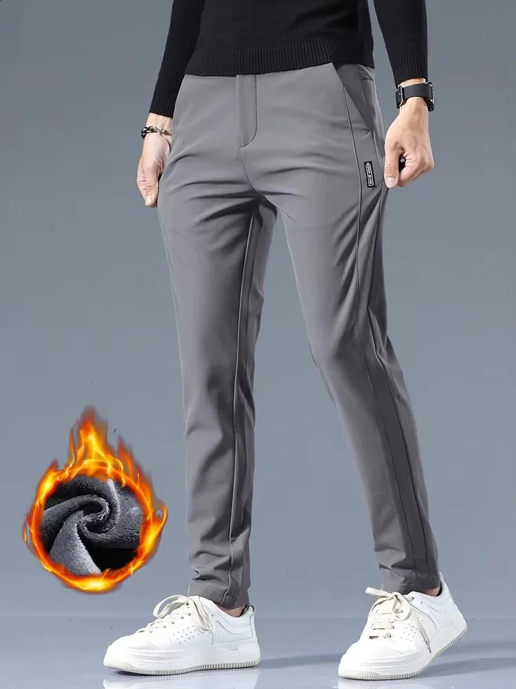 Winter Fleece Golf Casual Pants Men Business Slim Stretch Jogger Thick Trousers Korean Classic Elastic Waist Velvet Male 251027