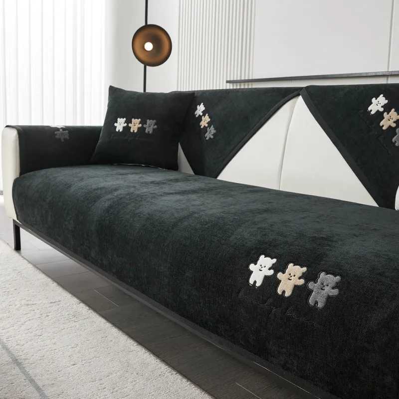 Winter Chenille Sofa Cover Thicken Warm Sofa Mat Covers for Living Room Solid Color Antislip Cartoon Embroidered Couch Cover C251028