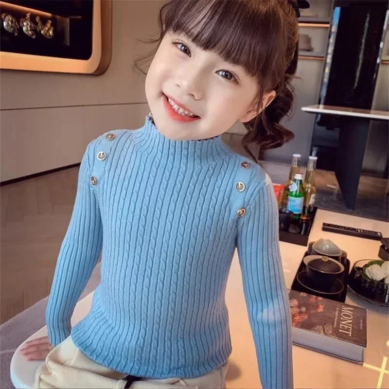Girls Sweater Winter Decorative Buttons High Neck Solid Color Bottom Shirt Multicolour Children High Elasticity Knit Pullover 251027