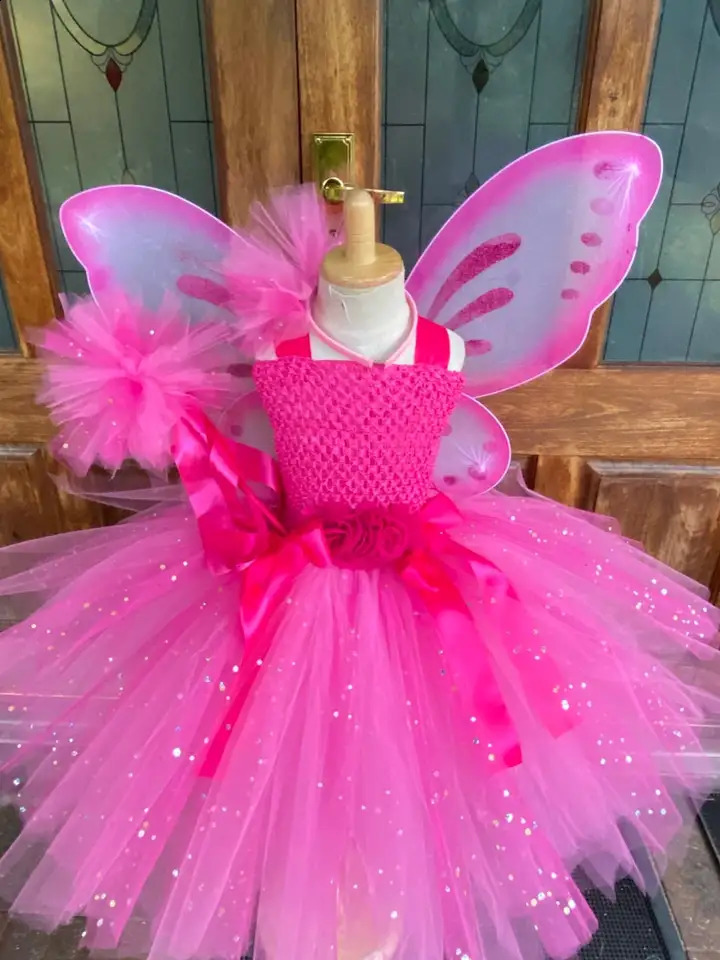 Girls Pink Glitter Tulle Dress Kids Butterfly Fairy Tutu Dresses with Wing and Stick Hairbow Children Halloween Cosplay Costume 251023