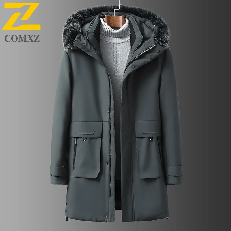 COMXZ Men Long Down Jacket Fur Collar Hooded Outdoor Office Thickened Warm Puffer Coat Casual Travel Lightweight Winter Jackets 251023