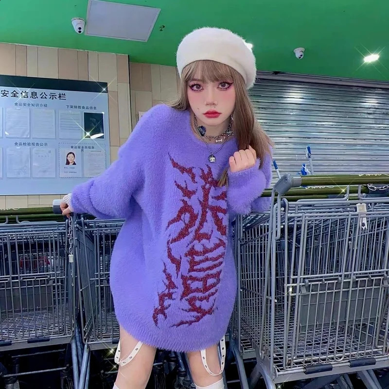 KOSAHIKI Romance Letter Print Japanese 2k Vintage Sweater Women Knitted Purple Pullover 2025 Harajuku Loose Mihair Jumper 251027