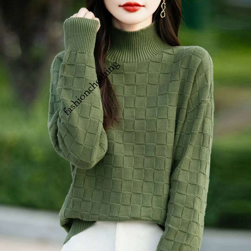 Autumn and Winter New Women's 100% Cotton Sweater Half High Collar Pullover Shirt Square Pattern Loose Fashion Knitted Top