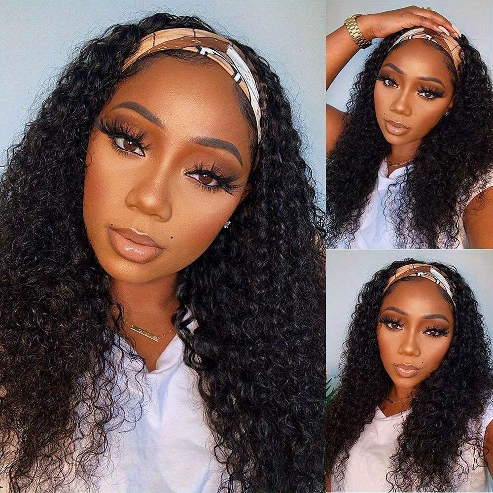 Headband Human Deep For Women Glueless None Lace Front Curly Wave Wig Brazilian Virgin Hair Wear And Go Wigs Hine Made Natural Color