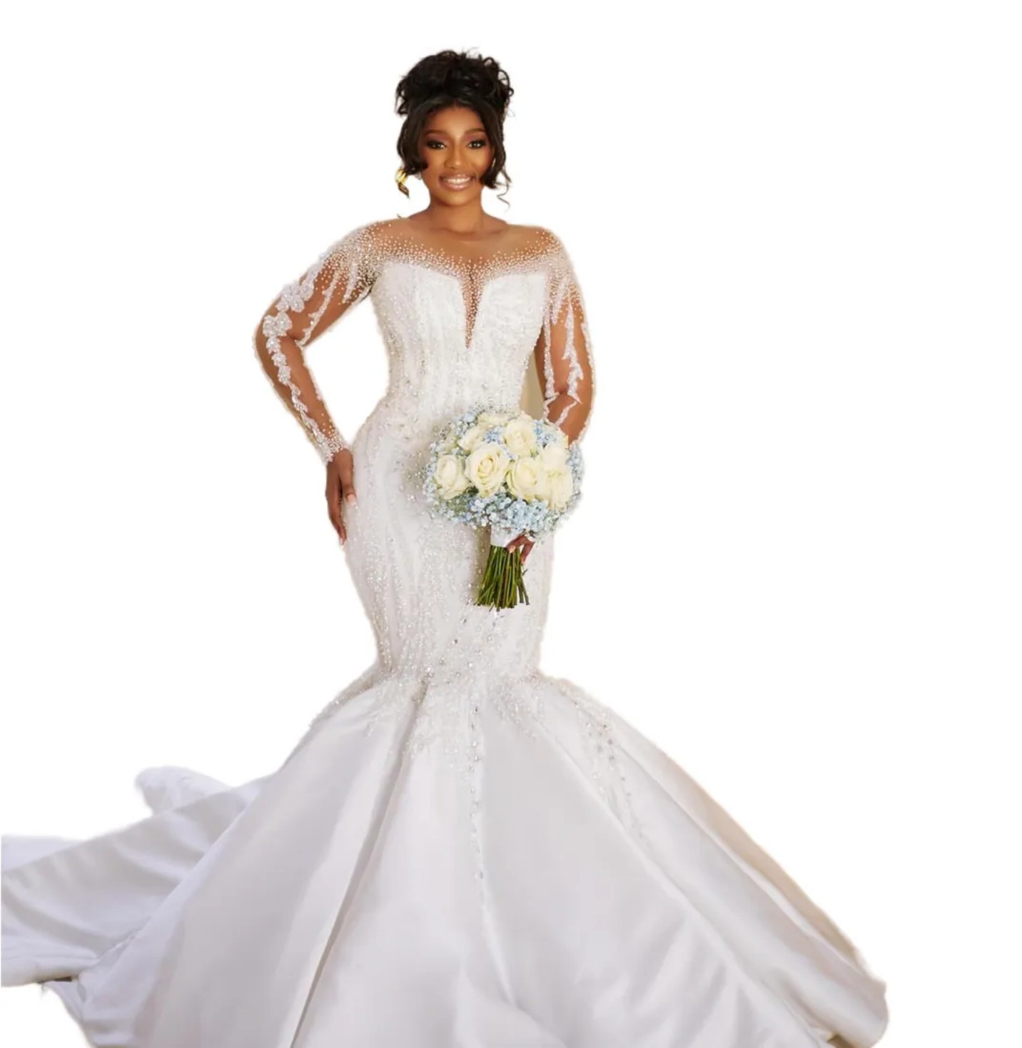 Arabic Aso Ebi Plus Size Mermaid Wedding Dress in White with Beaded Crystals Sequined and Stunning