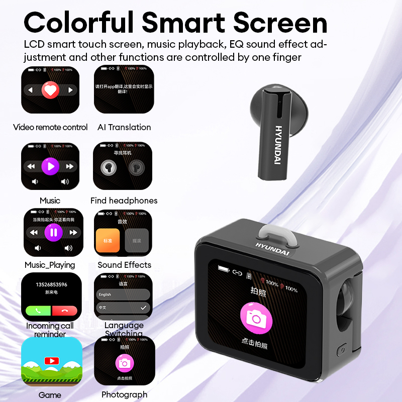 HYUNDAI AI Translator TWS Headphones HY-C19 LCD Touch Screen Wireless Bluetooth V6.0 Earphones Sport HD Stereo Sound Longlife Earbuds