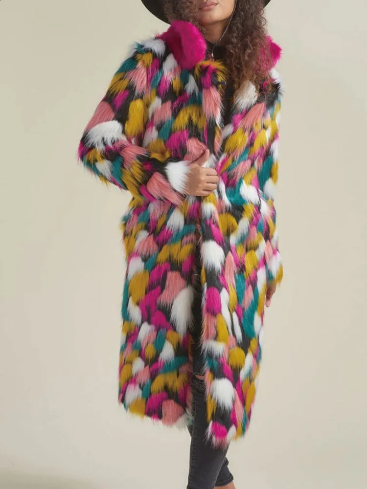 Rainbow Colorful Faux Fur Coat Womens Cold Wear 2023 Winter Warm Thick Fluffy Jacket Outerwear Furry Chic Cardigan 251018