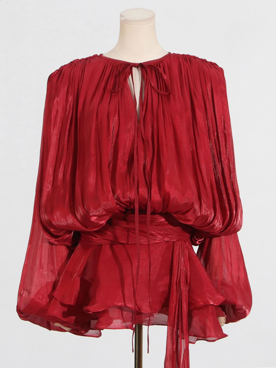 GALCAUR Solid Loose Splicd Lace Up Dresses For Women V Neck Long Sleeves Patchwork Ruffles Tunic Dreses Female Fashio 251027