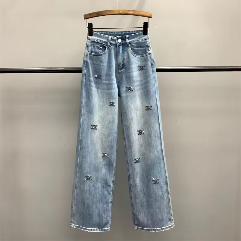 Spring 2025 New Embroidered High Waist Slimming Elegant Fashion All-match Loose Comfortable Casual Denim Wide Leg Pants for Women High-end S--2XL