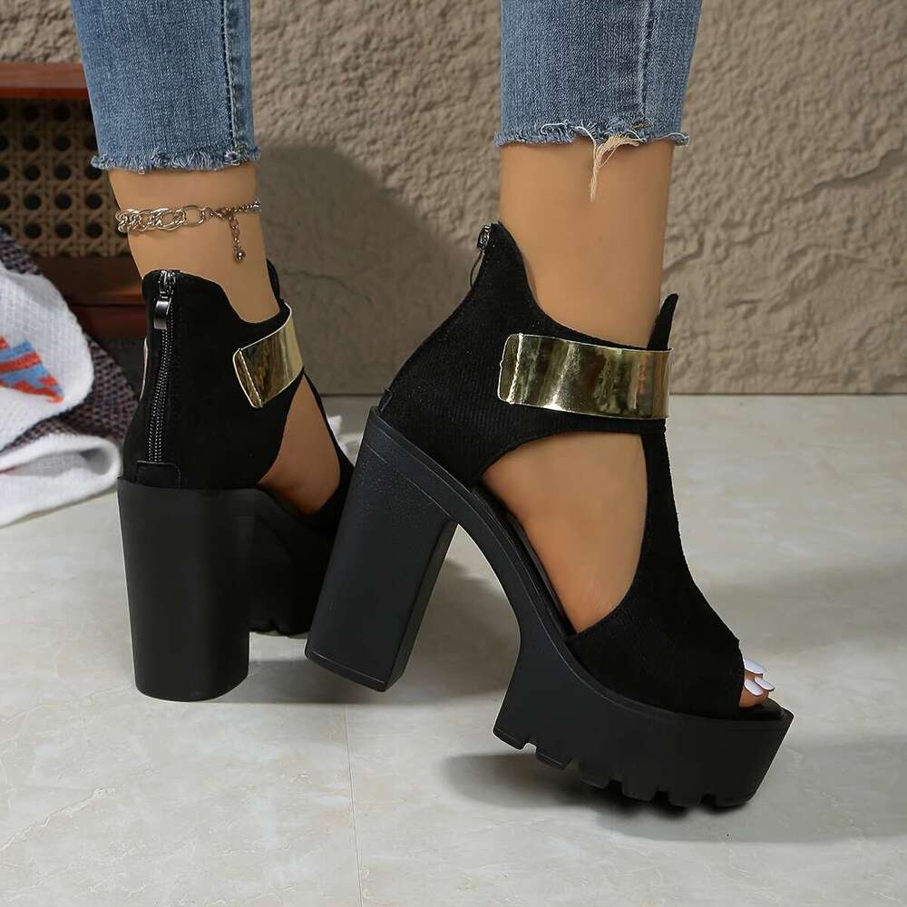 Women's Elegant Roman - 11Cm Open-Toe Platform Shoes With Golden Straps Ankle Support, All-Season Versatile Black Fashion Footwear For Casual & F