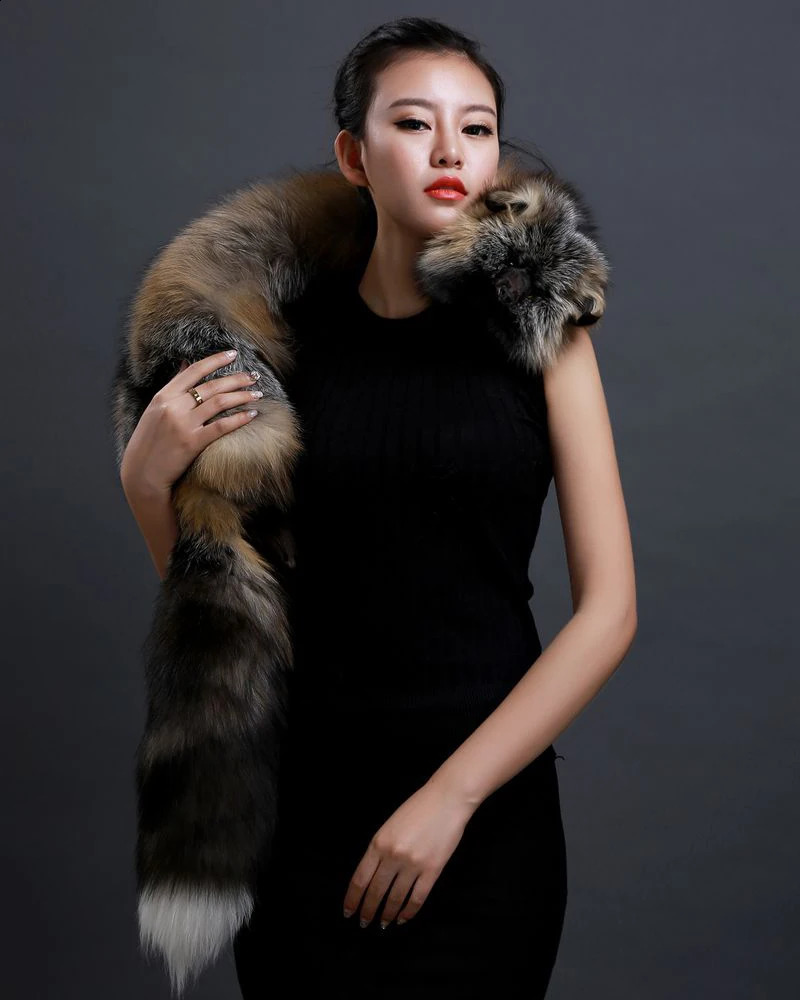 Winter Warm Large Fox Fur Collar Natural Fur Coat Scarves Women Men Jackets Hood Shawl Decor Female Neck Scarf Wraps 251023