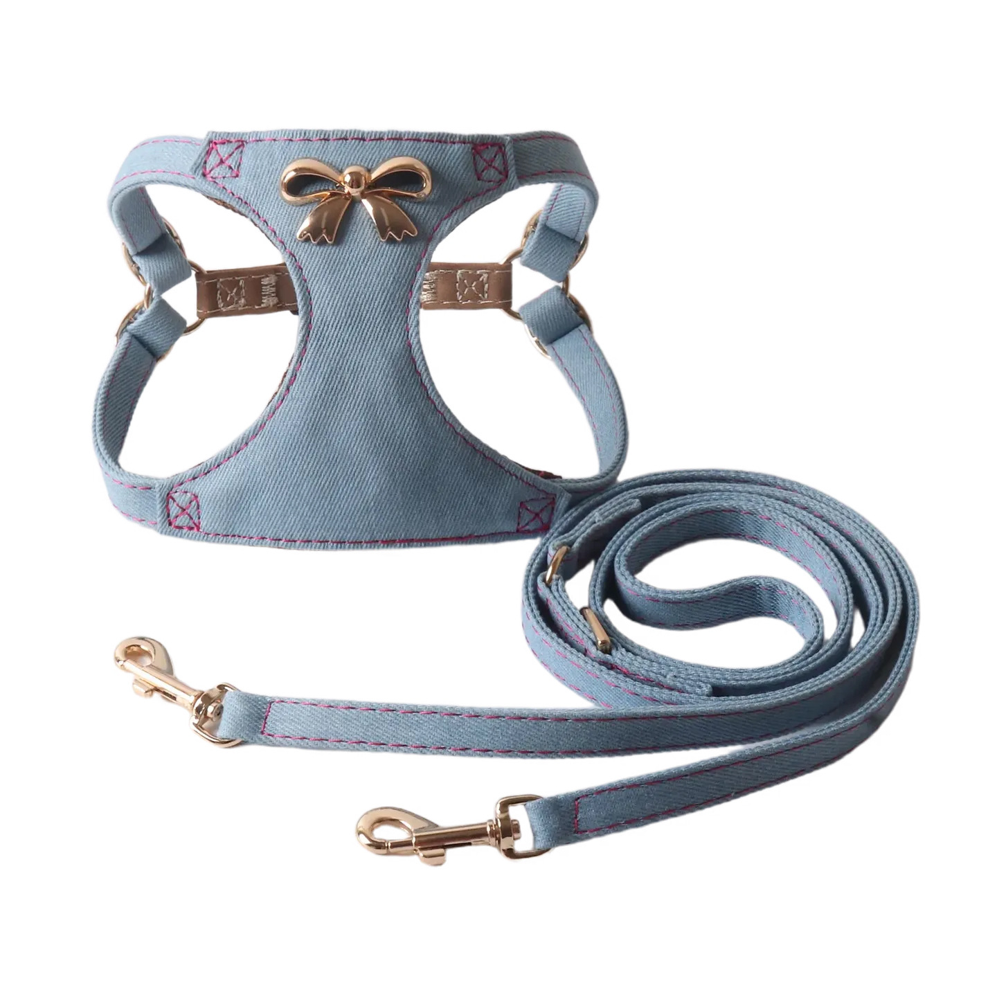 Denim Style Pet Harness Leash Set with Metal Bowknot, Adjustable & Durable,Fashionable Walking Gear, Comfortable Pet Vest Harness with Leash for Small