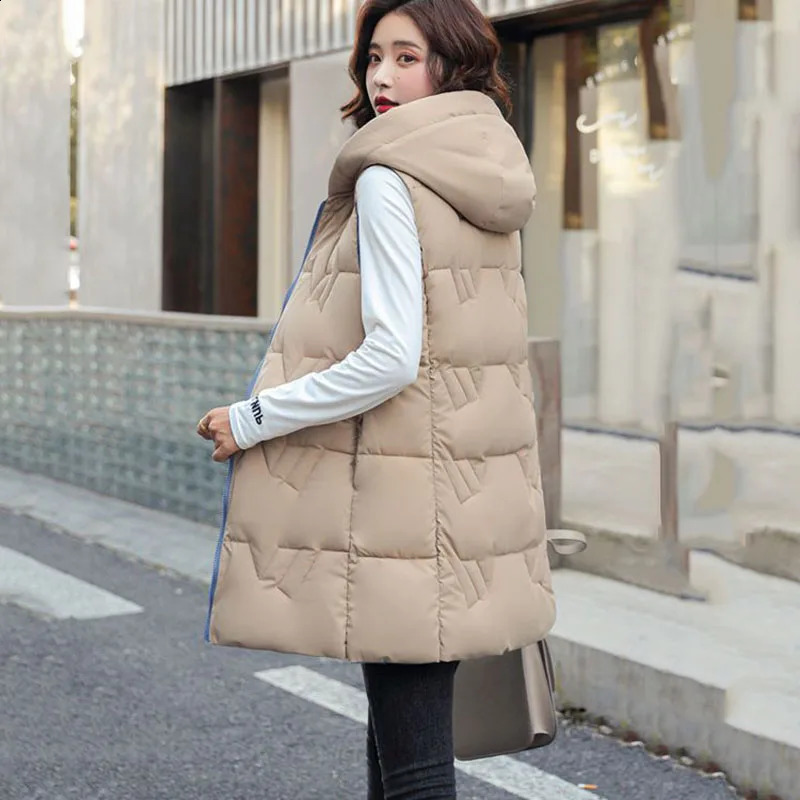 Womens Long Hooded Cotton Vest Padded Waistcoat Doublesided Down Warm Female Autumn Winter 251027