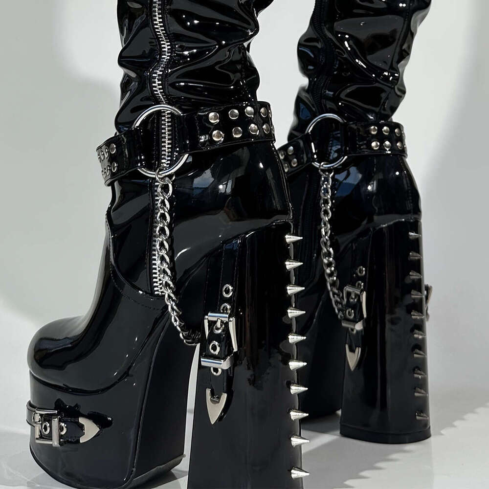Women's Black Rivet Chain Studded Platform Knee-High Boots With Thick Heel, Zipper Closure, Glossy Cover Rubber Sole For Edgy Fashion & Comfort, 
