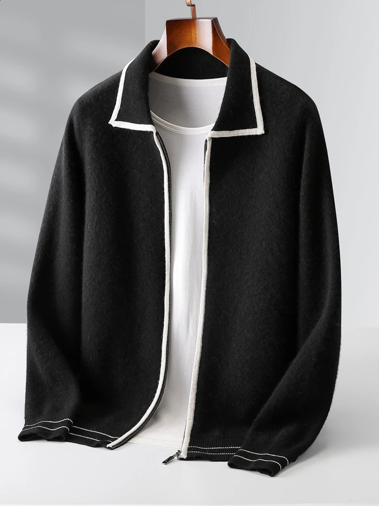 Mens Sweater Polo Collar Coat 100 Merino Wool Cardigan Clothing Autumn Winter Korean Knit Thick Zip Open Stitch Jacket 251017