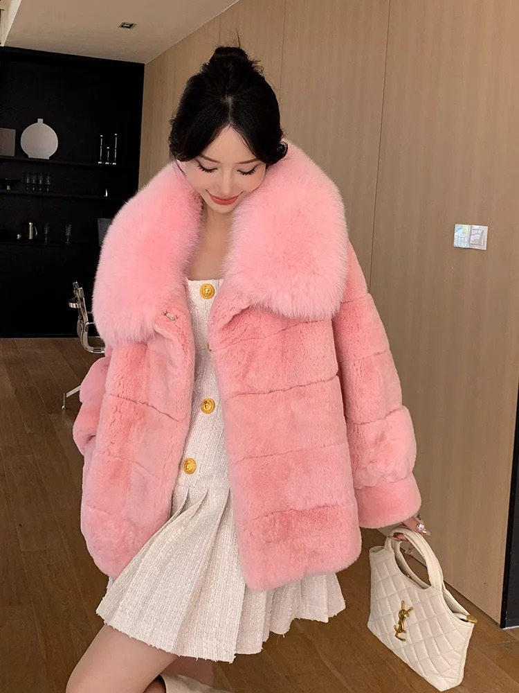 Womens Long Rex Rabbit Fur Coat Natural Full Pelt Jacket with Real Fox Fur Collar Fashionable Winter Outerwear 251027