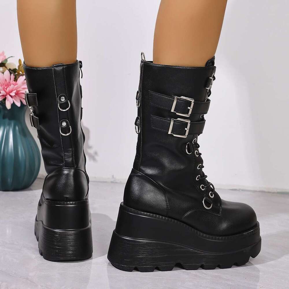Women's Combat Riding Platform Knee High Boots, Lace Up Fall Lug Sole Gothic Motorcycle Boots With Inside Zipper