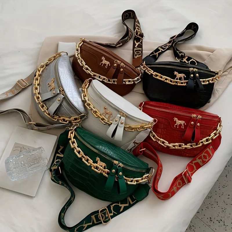 Trendy PU Chest Bag Stylish Single Shoulder Saddle Bag with Crocodile Pattern Chain Wide Belt Crossbody Bags for Women Daily UseW251028
