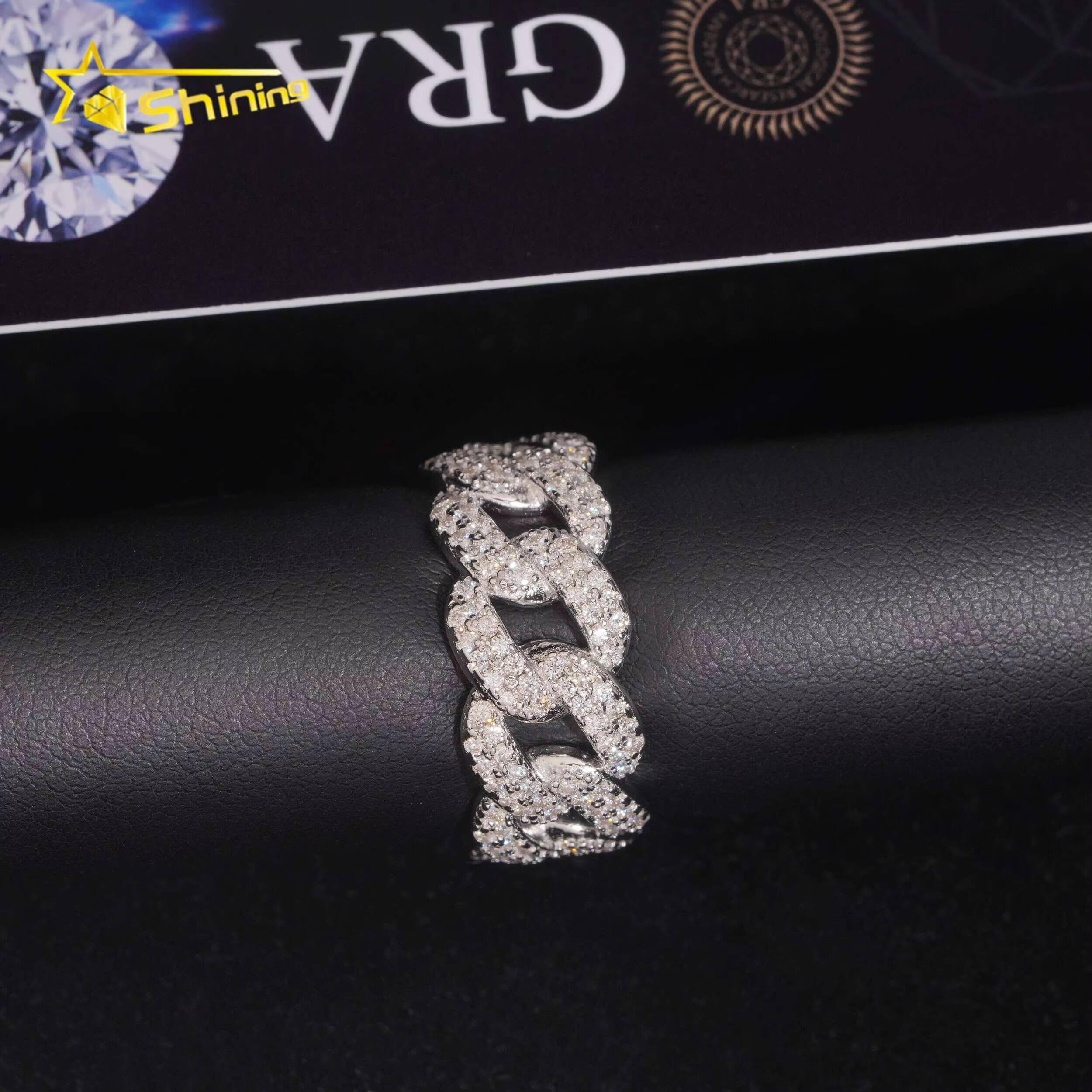 New Iced Out 925 Silver VVS Moissanite Cuban Link Ring Hip Hop Jewelry Custom Moissanite Engagement Ring for Men