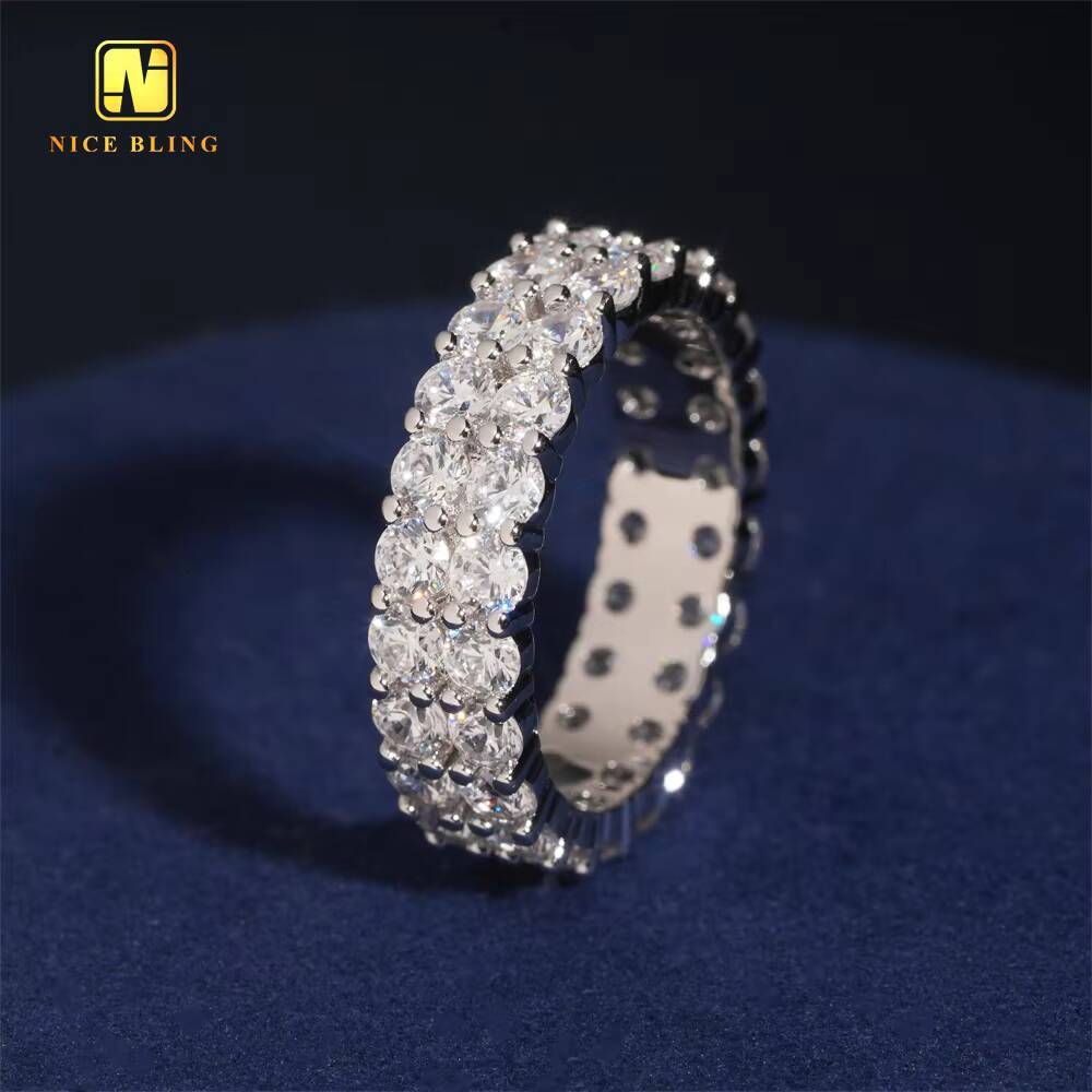 3MM Diamond Two Rows Ring Hip Hop Moissanite Rapper Brass 5A Moissanite Fine Jewelry Diamond Iced Out Ring for Men Daily Wear