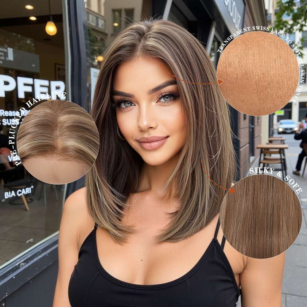 13X6 HD Transparent Front 14Inch Highlight Brown Color Short Bob Synthetic Glueless Lace With Pre Plucked Natrural Hairline Daily Wear Party-Natural L