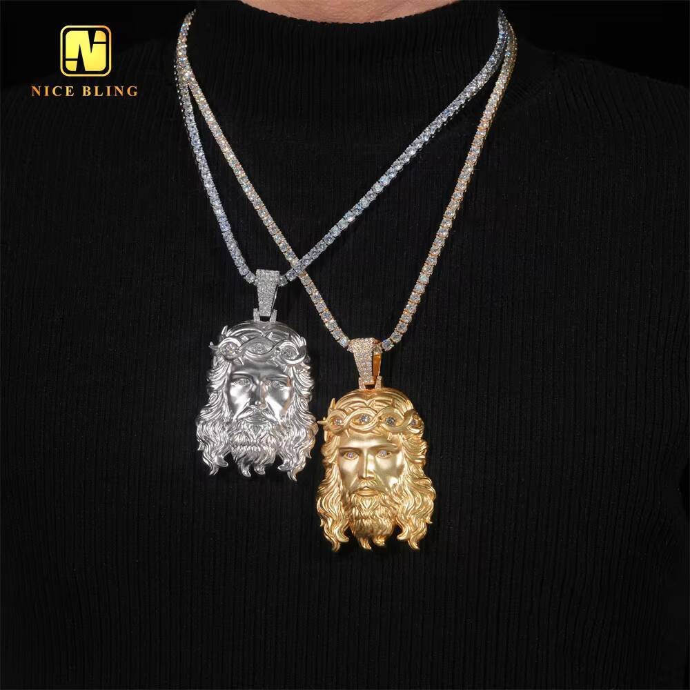 Big Size Ready to Ship Custom Solid Back Jesus Head Charms 925 Silver Diamond Hip Hop Moissanite Jewelry Iced Out Pendant