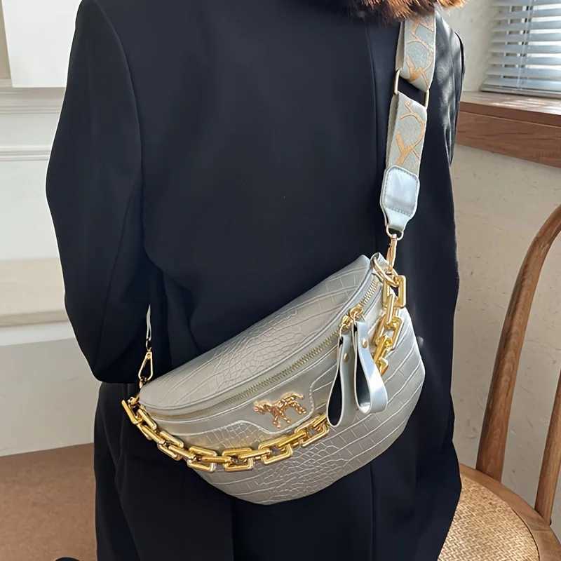 Trendy PU Chest Bag Stylish Single Shoulder Saddle Bag with Crocodile Pattern Chain Wide Belt Crossbody Bags for Women Daily UseW251028